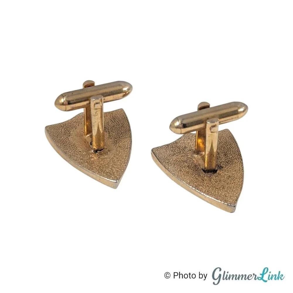 Vintage Heraldic Crest Shape Fleur de Lis Renaissance Themed Gold Tone Cufflinks